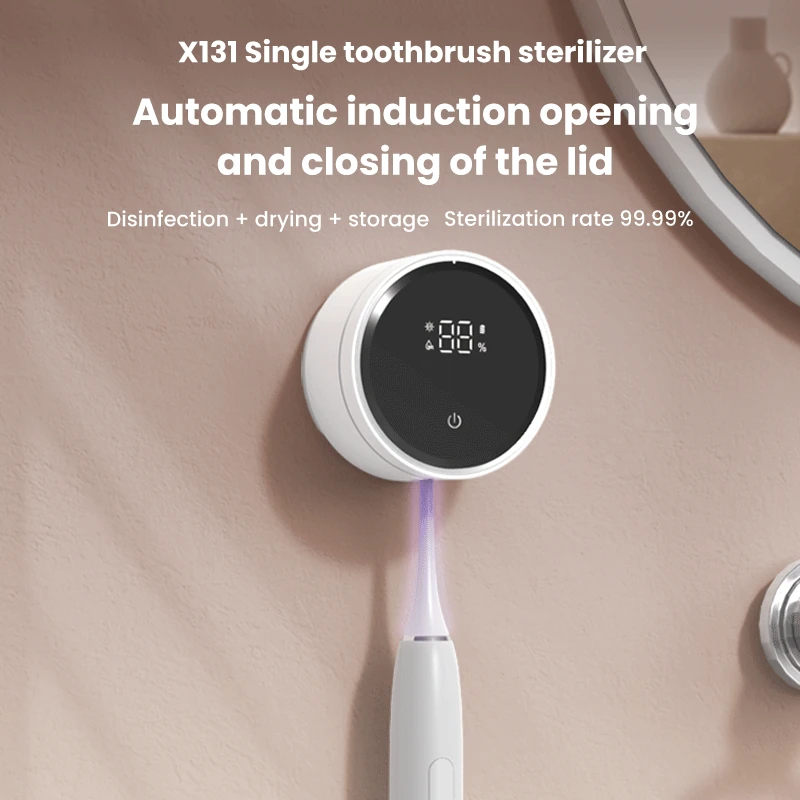 (image for) USB Smart Wall Mounted Toothbrush Sterilizer Punch-Free Single Toothbrush Dryer UV Sterilization with LED HD Display Automatic Induction Opening Closing